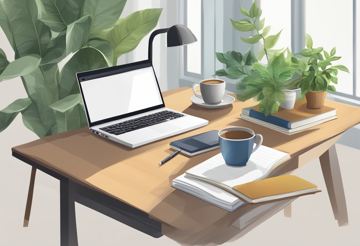 A desk with a laptop, notebook, and pen. A stack of books on the side. A cup of coffee and a plant on the desk