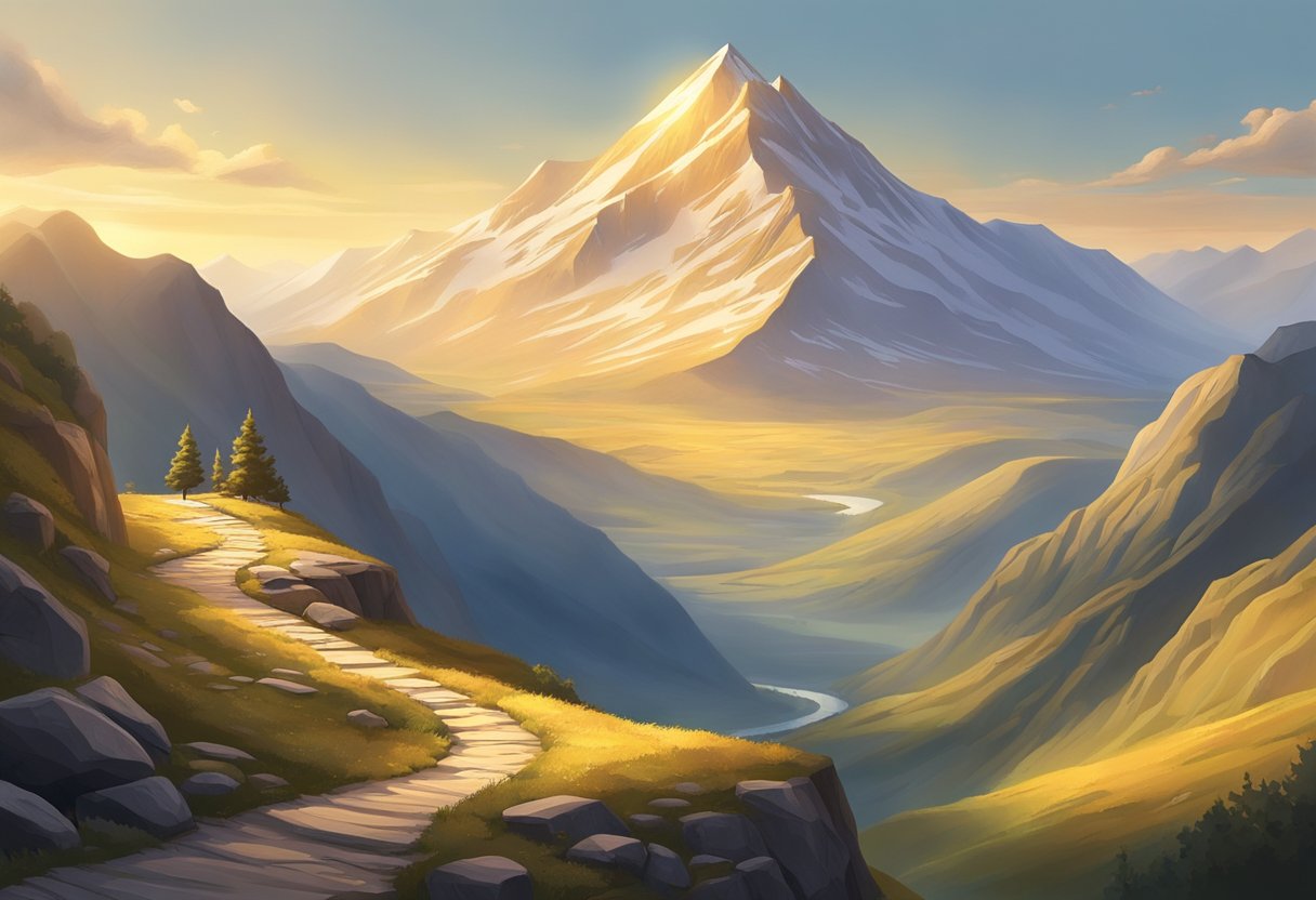 A mountain peak with a winding path leading to the top, surrounded by a serene and expansive landscape. The peak is bathed in golden light, exuding a sense of achievement and success