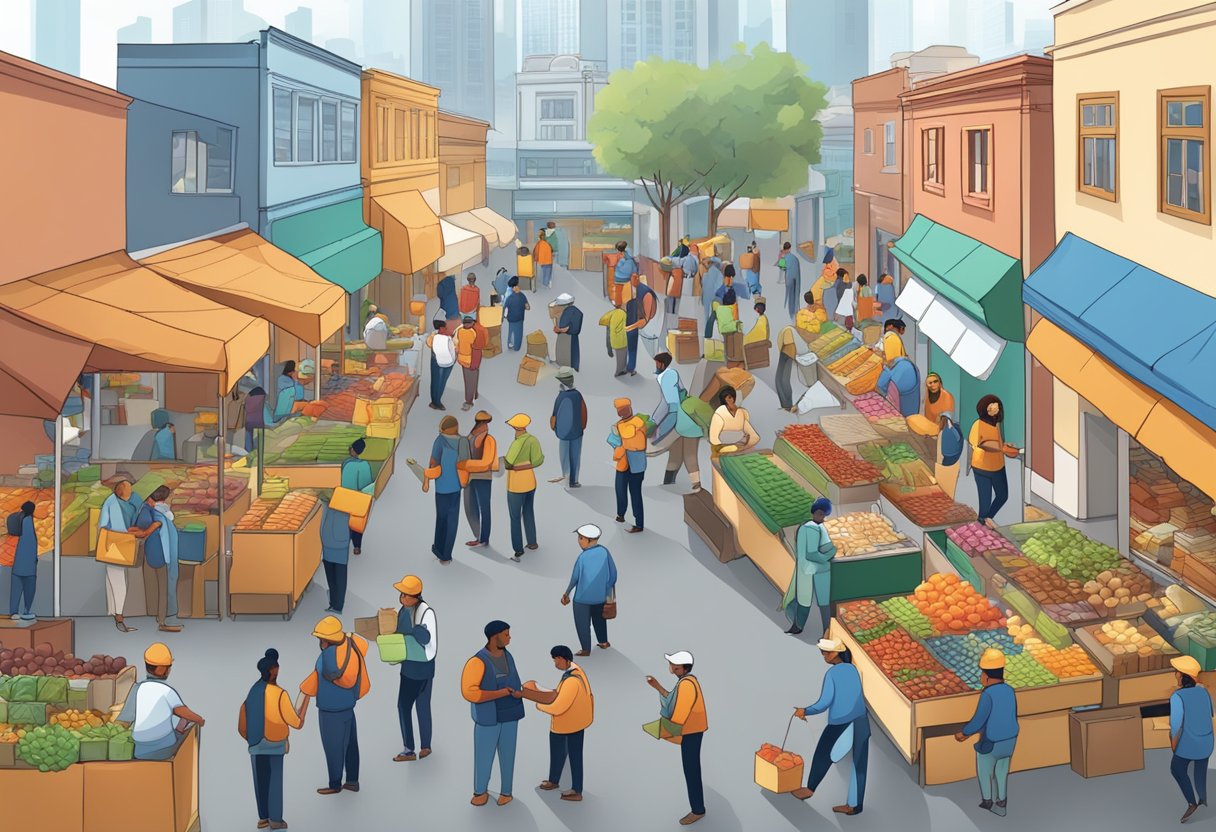 A bustling marketplace with diverse workers completing tasks efficiently