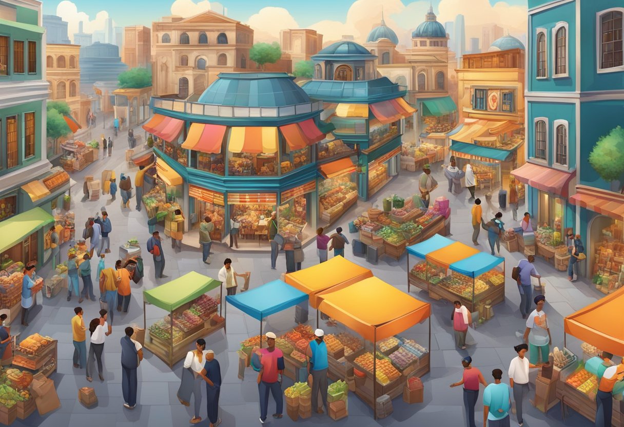 A bustling marketplace with diverse workers and vendors, exchanging goods and services, surrounded by a vibrant cityscape