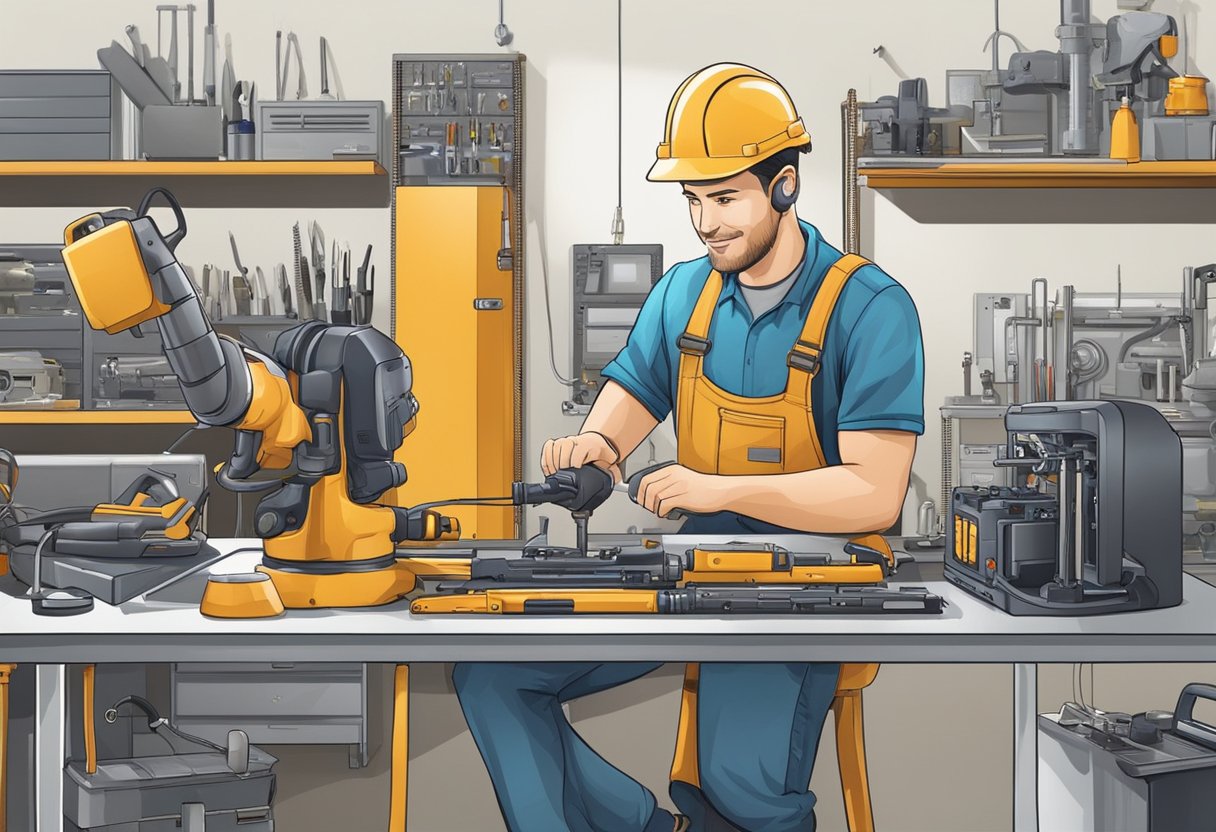 A technician efficiently completes a job, surrounded by various tools and equipment, while a satisfied customer looks on in the background