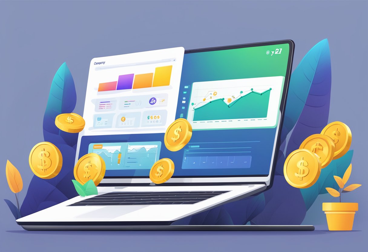 A laptop displaying the Ez Money Pro website with positive user reviews and a graph showing financial growth