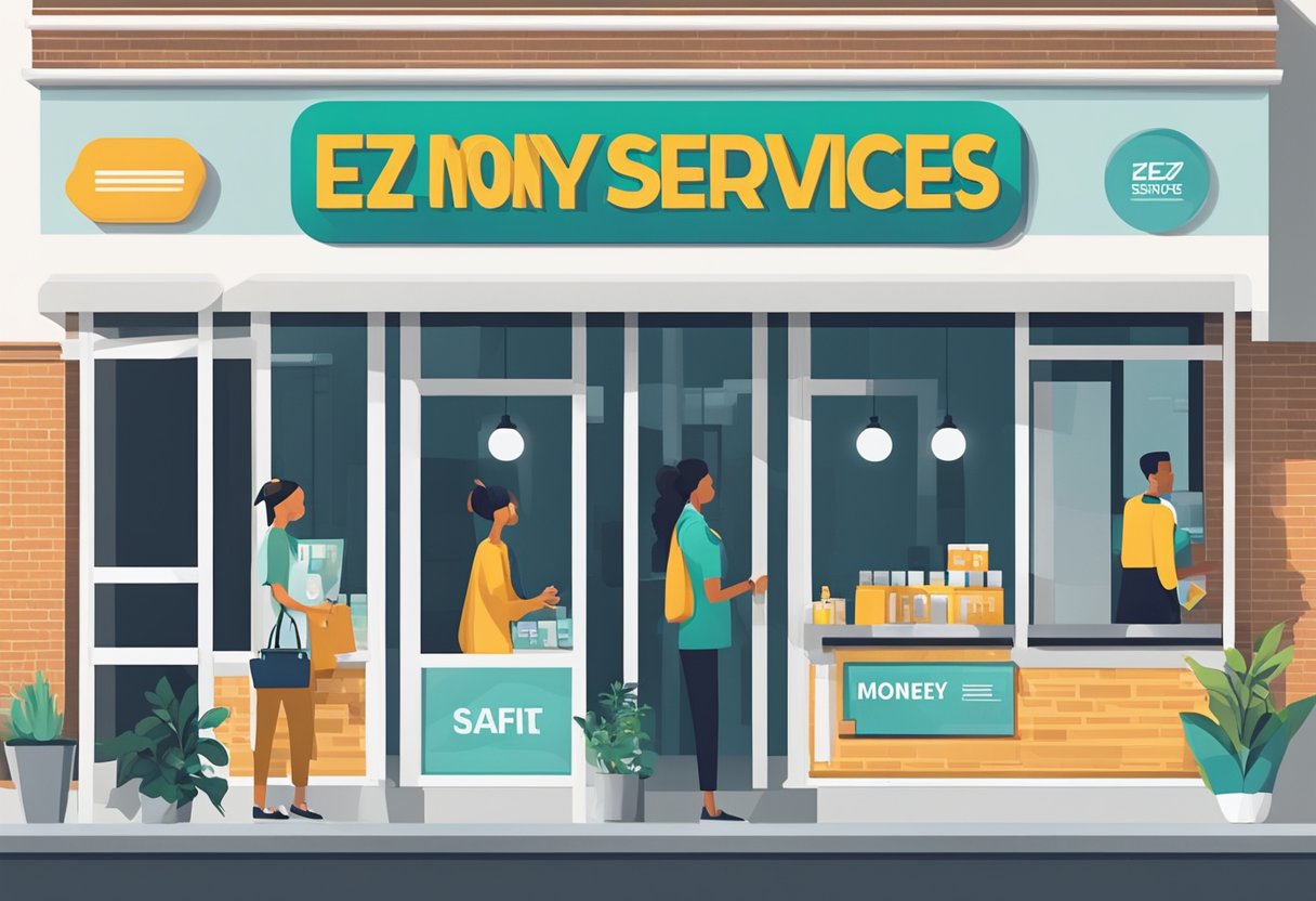 A bright, modern storefront with "EZ Money Services" in bold letters. A line of customers waits inside, while a friendly staff member assists at the counter