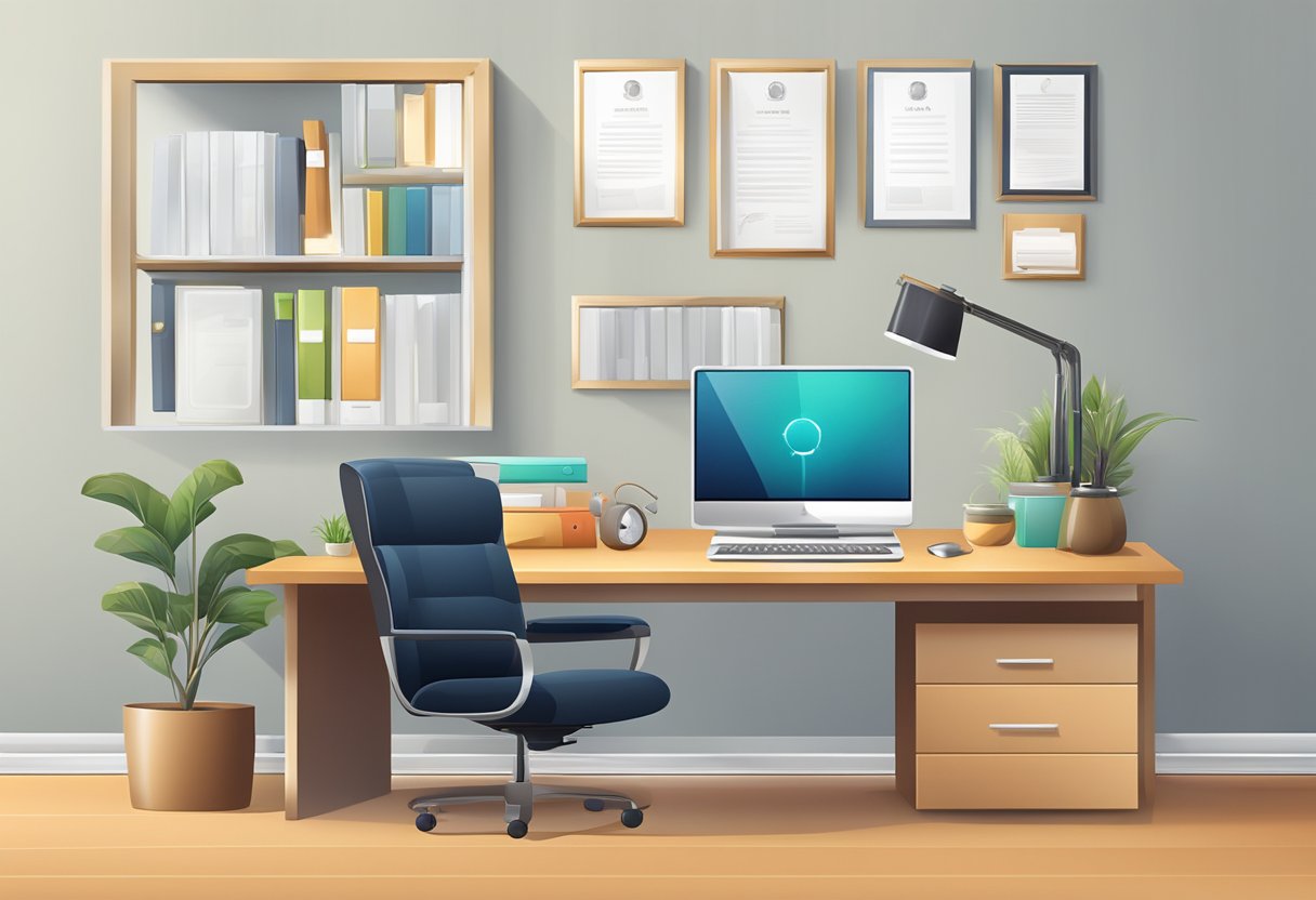 A sleek office desk with a laptop, professional documents, and a prestigious award plaque on the wall