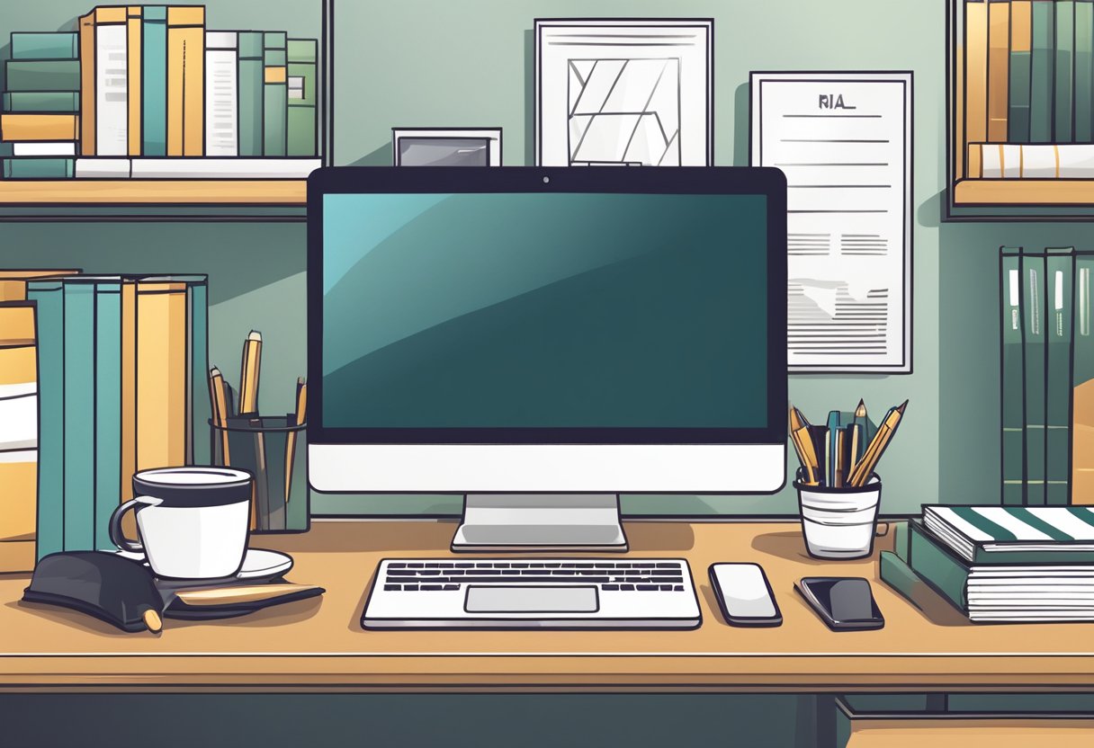 A modern office desk with a laptop, notepad, and pen. A motivational poster on the wall. A bookshelf filled with business and self-help books