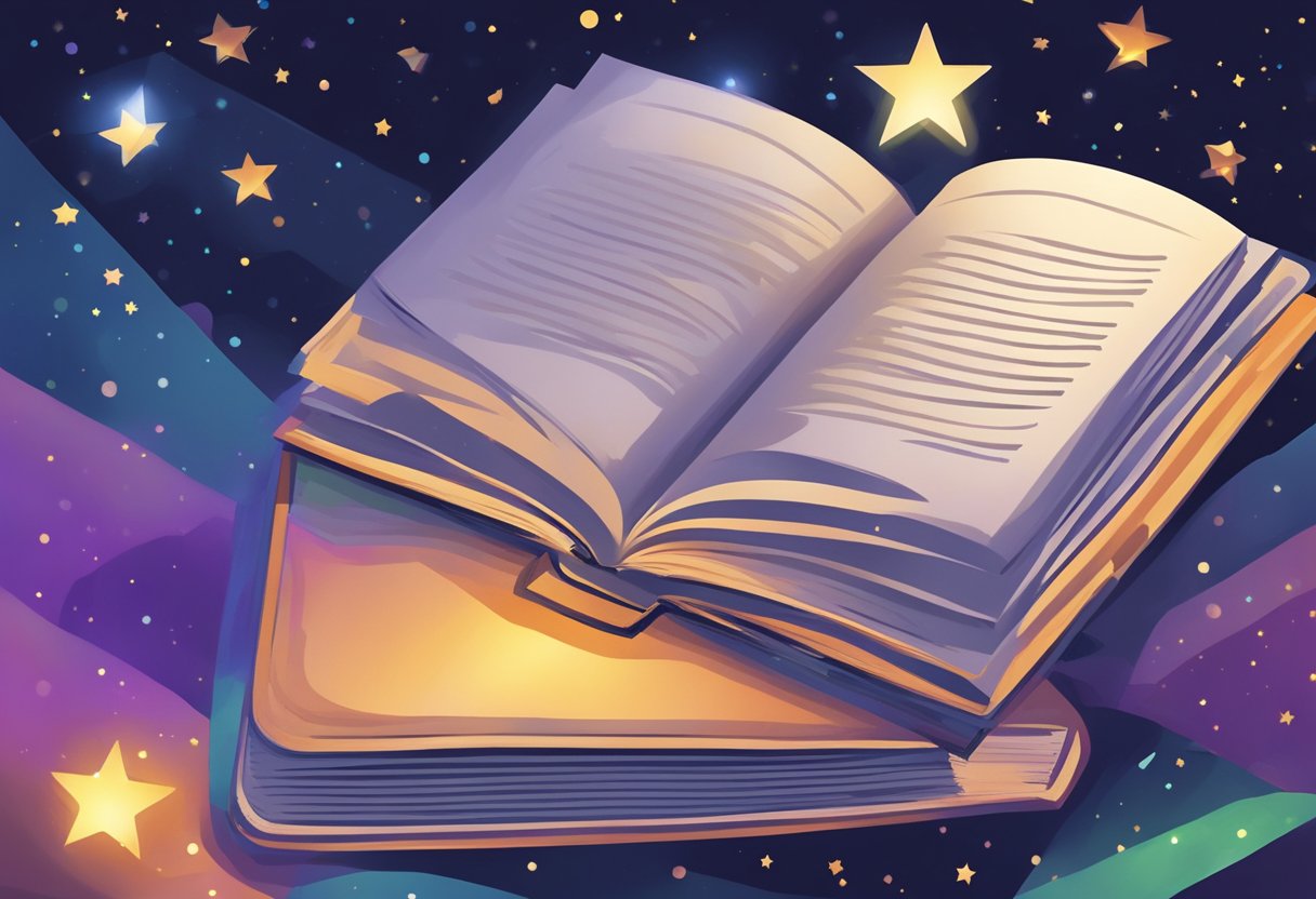 An open book with the words "Agency Master Academy Overview Successwithjeffbaxter Review" on the cover, surrounded by glowing stars and a sense of accomplishment