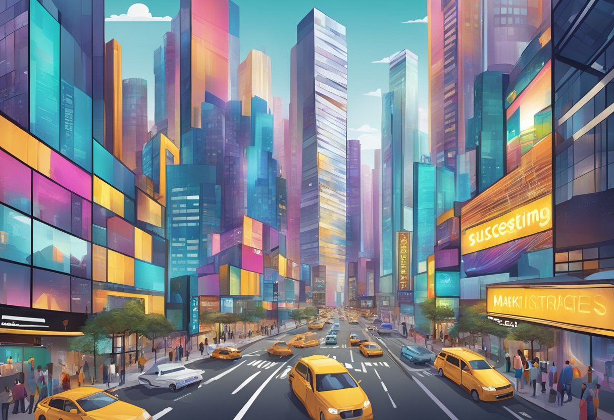 A vibrant, dynamic cityscape with skyscrapers and bustling streets, featuring billboards and digital screens displaying the words "Marketing Strategies Explored Successwithjeffbaxter Review."