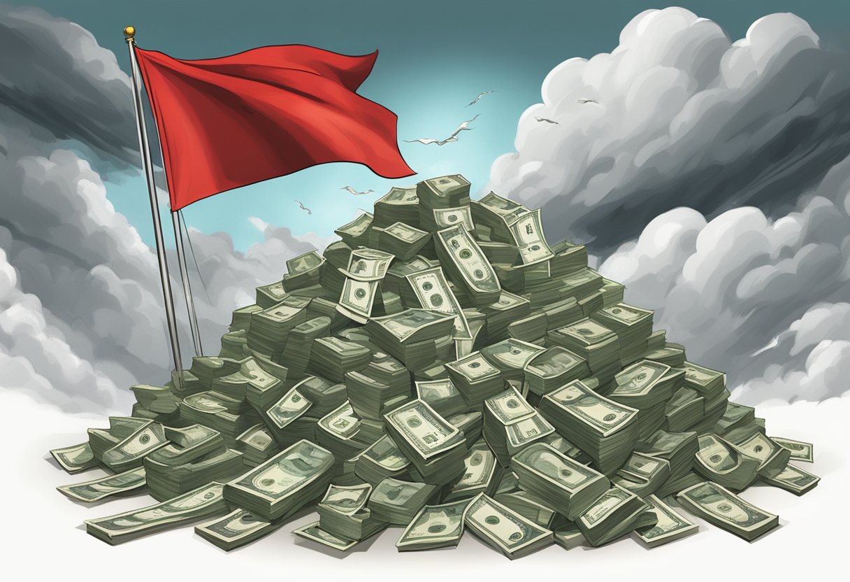 A dark storm cloud looms over a pile of money, while a red flag flutters in the wind, signaling danger