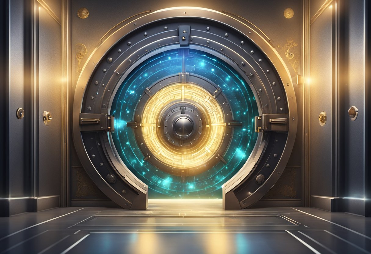 A mysterious vault door opens, revealing a glowing chamber filled with swirling viral particles. The air crackles with energy as the contents of the vault are illuminated