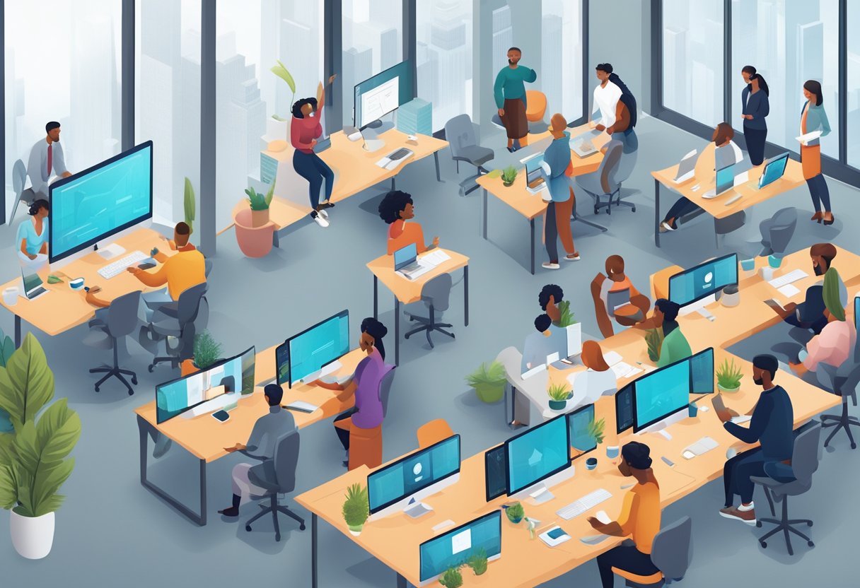 A group of diverse individuals gather in a modern, open-concept office space. They are engaged in collaborative discussions and training sessions, surrounded by supportive resources and technology