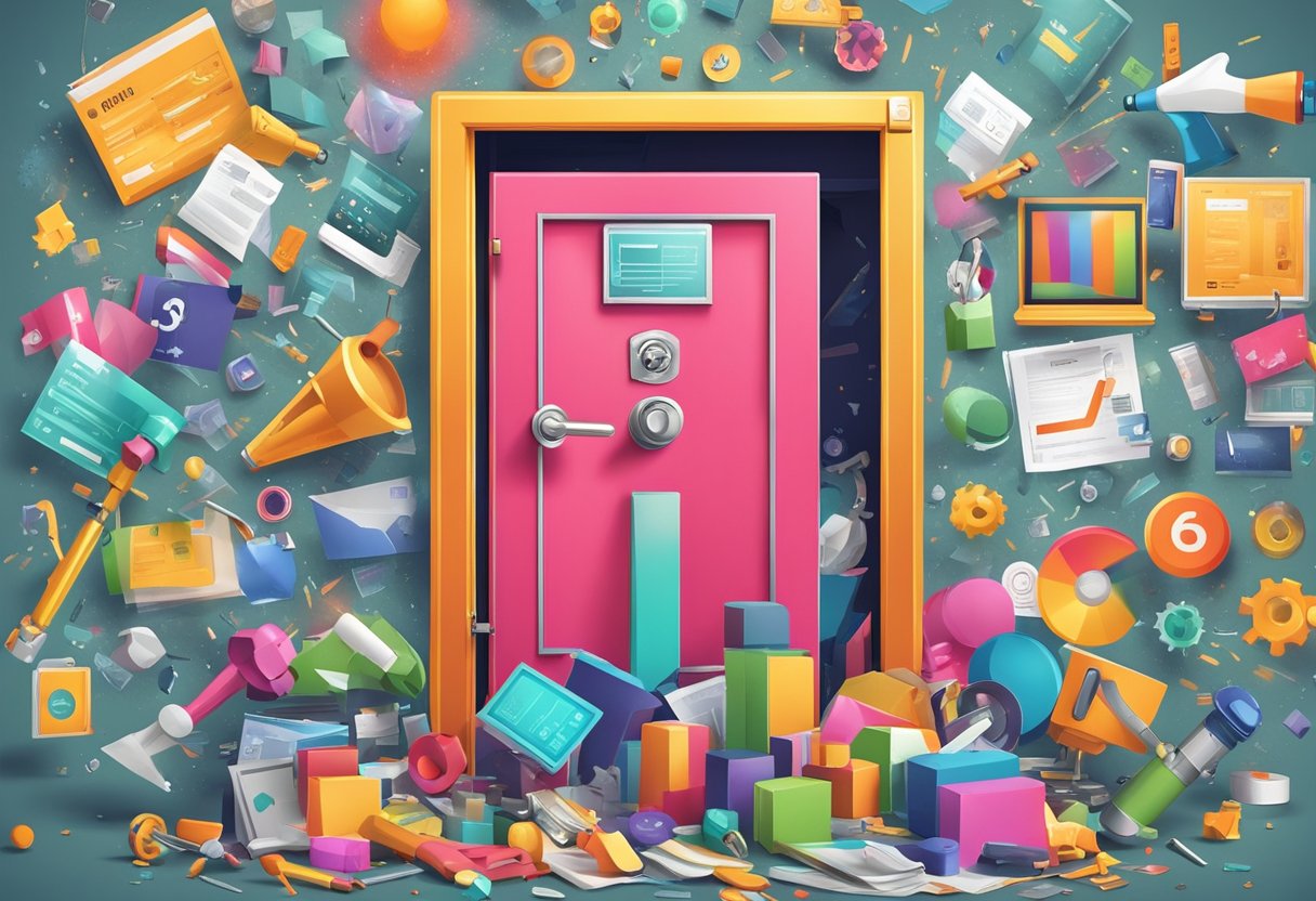 A colorful collage of marketing tools, ads, and strategies bursting out of a vault with a viral symbol on the door