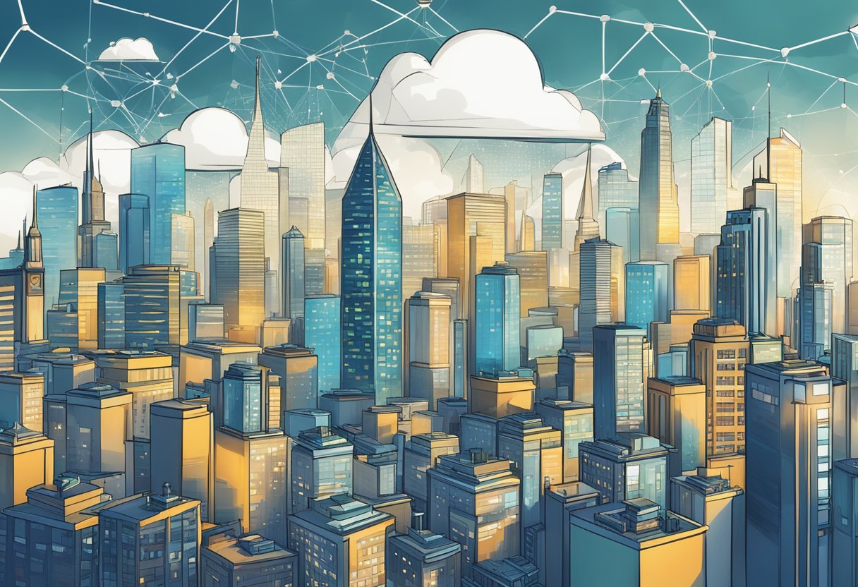 A bustling city skyline with a towering vault at its center, surrounded by a network of interconnected businesses and data streams, symbolizing the impact of Viral Vault on business growth