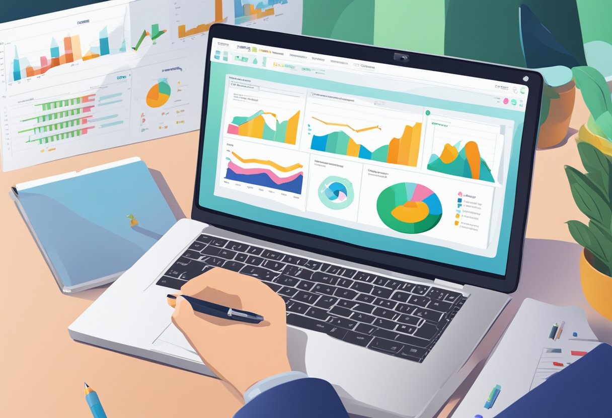 A laptop displaying PiPiAds dashboard with various data charts and graphs. A person's hand holding a pen taking notes