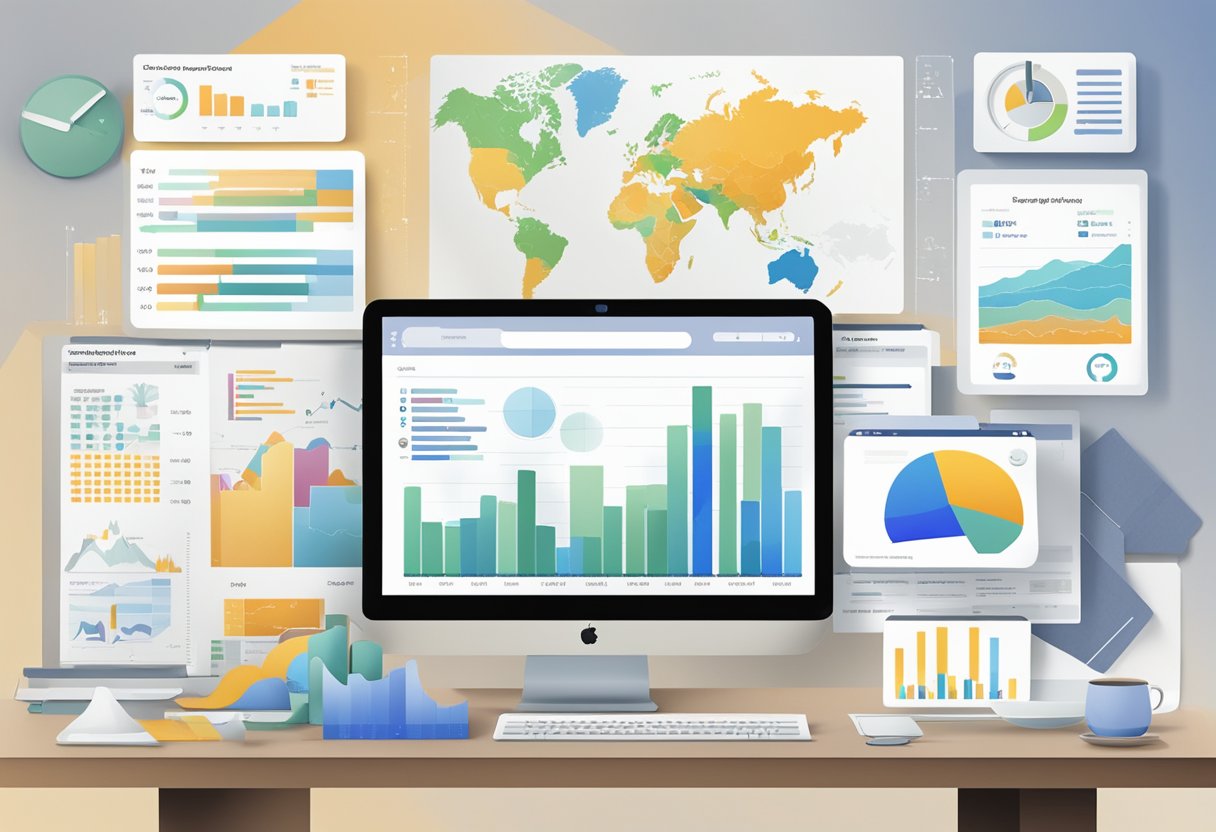 A table with various pricing plans displayed on a computer screen, surrounded by charts and graphs showing performance data