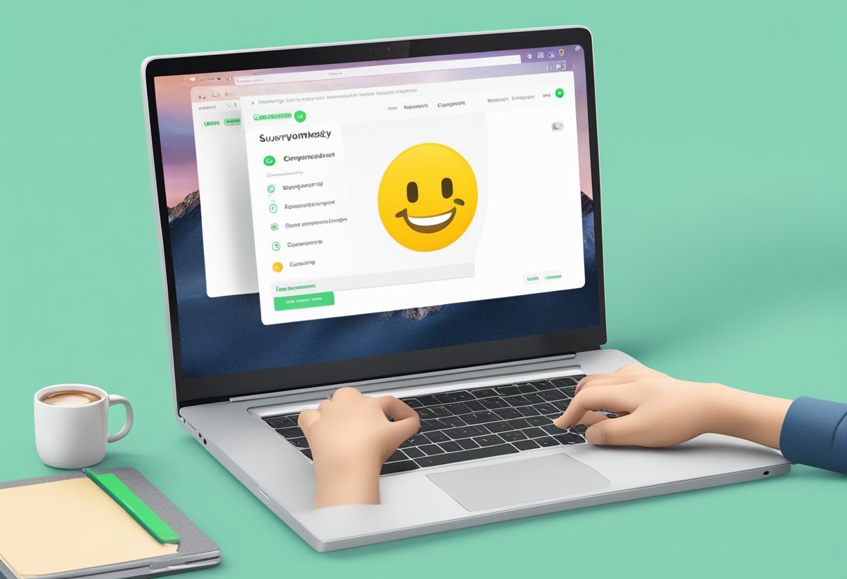 A laptop with a Surveymonkey website open, showing a user-friendly interface and positive feedback. A smiling emoji and a thumbs-up icon are visible