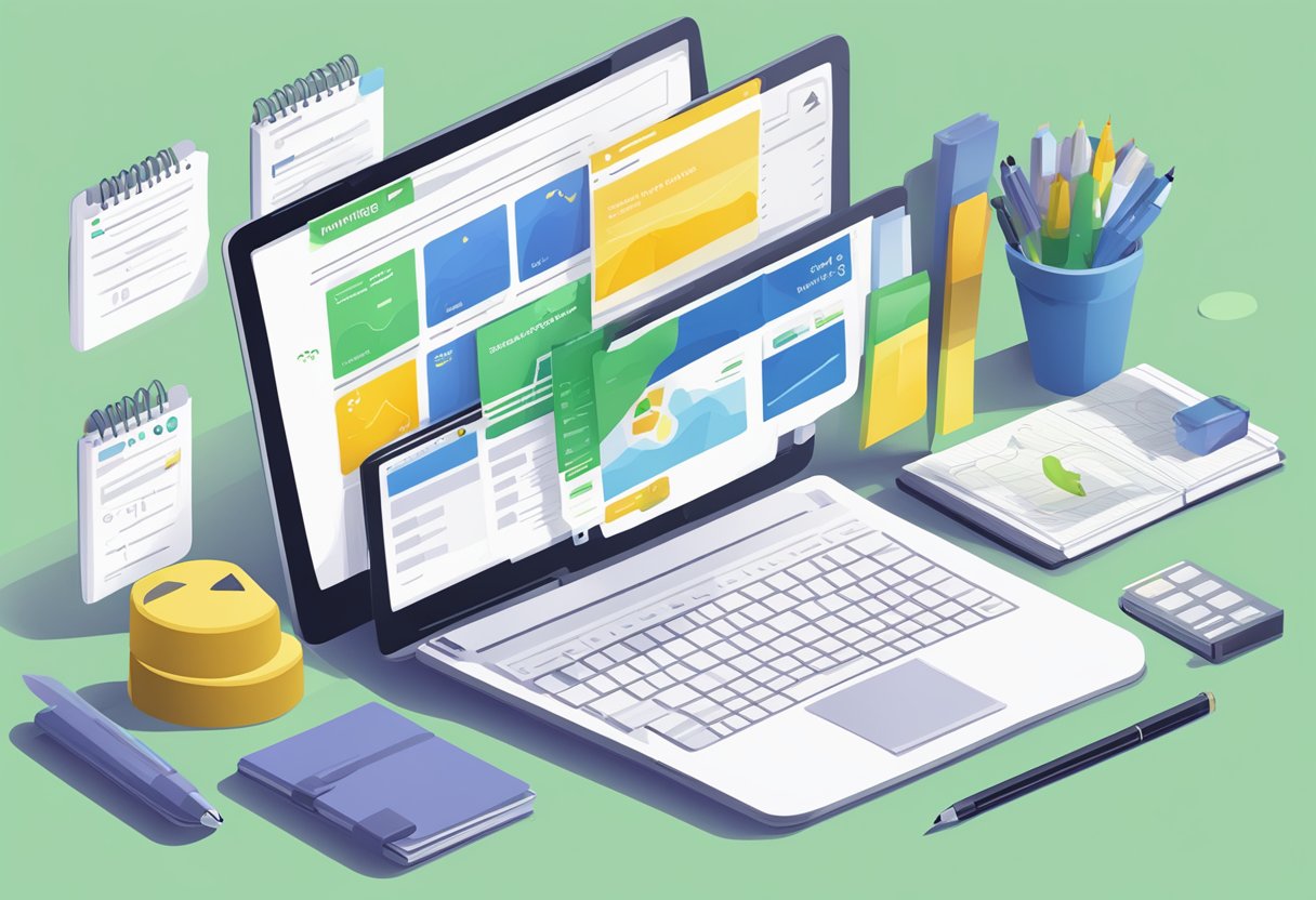 A laptop displaying the Surveymonkey website with various plans and pricing options. A pen and notepad sit nearby for taking notes