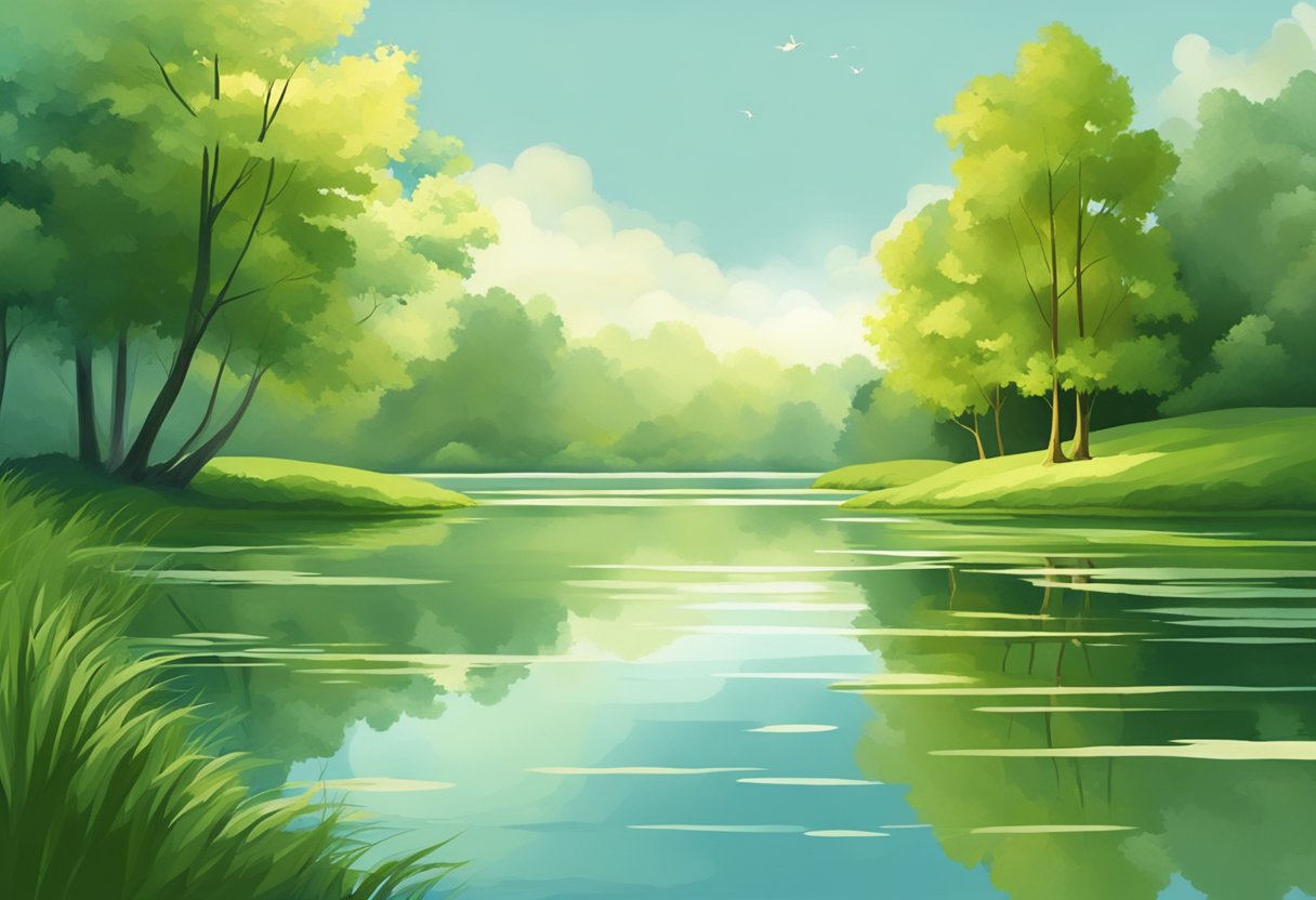 A tranquil lake reflecting a lush, green landscape with a gentle breeze rustling the leaves of the trees