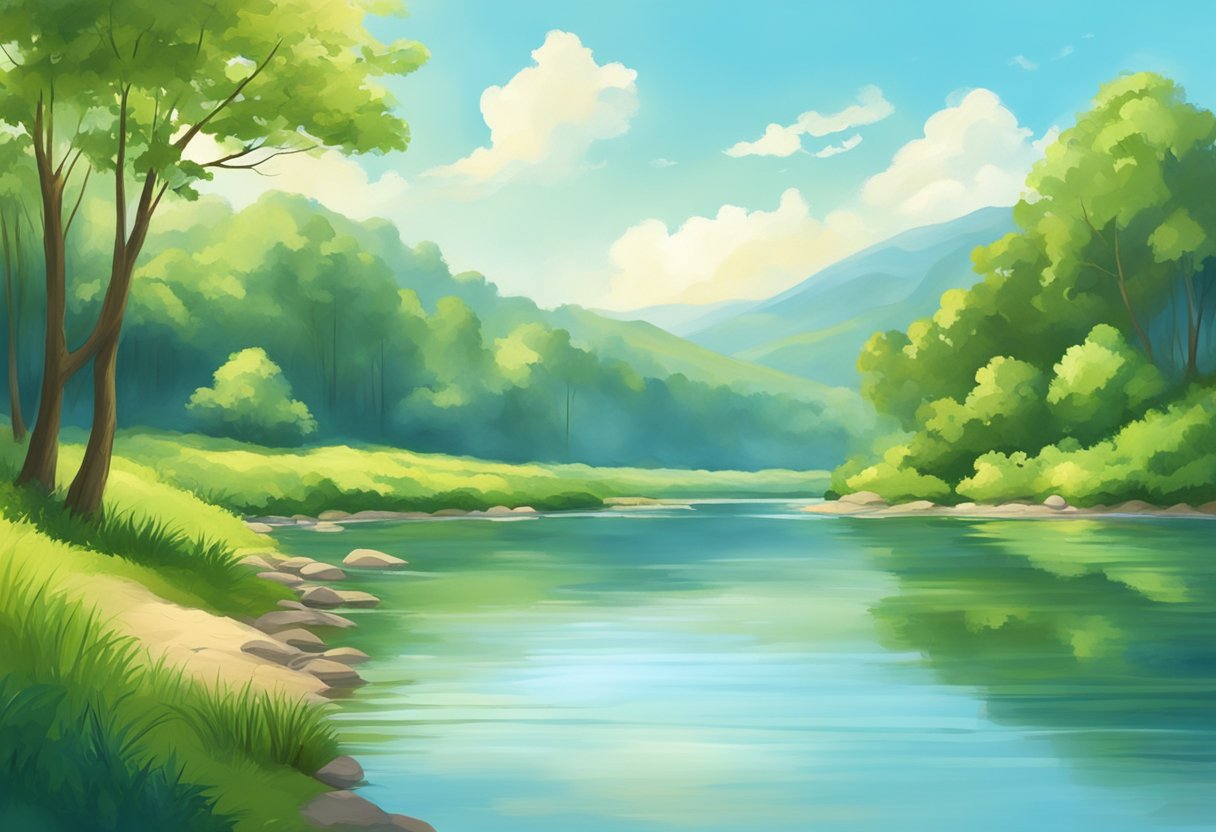 A serene landscape with a calm river, lush greenery, and a clear blue sky, evoking a sense of tranquility and prosperity