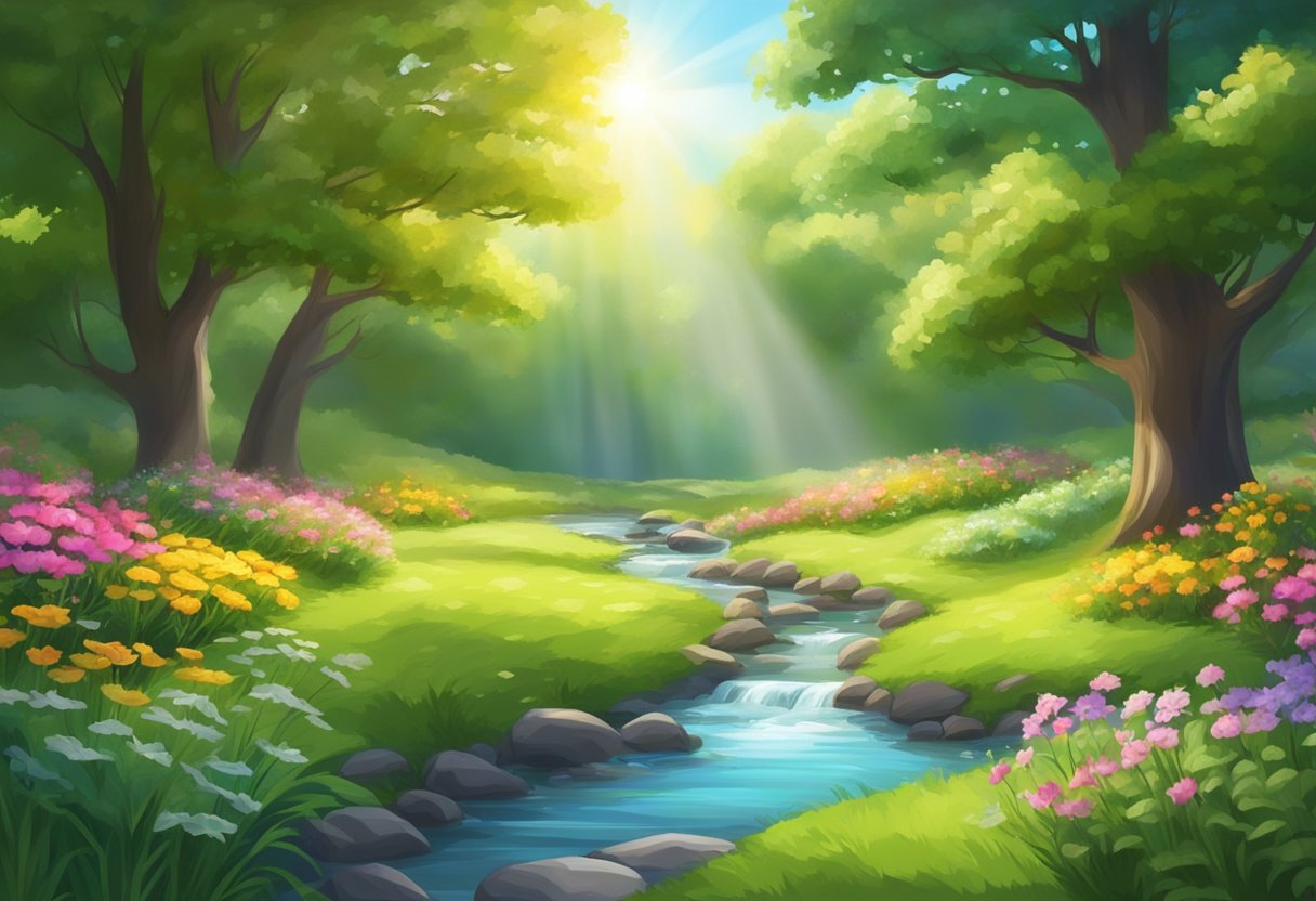 A tranquil meadow with a flowing stream, surrounded by lush green trees and colorful flowers. Sunlight filters through the leaves, creating a serene and peaceful atmosphere