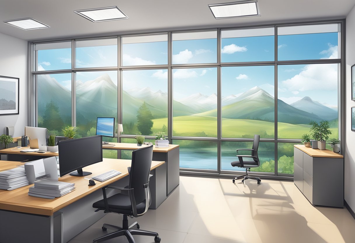 A serene office space with a clear view of a peaceful landscape, showcasing growth charts and positive financial indicators