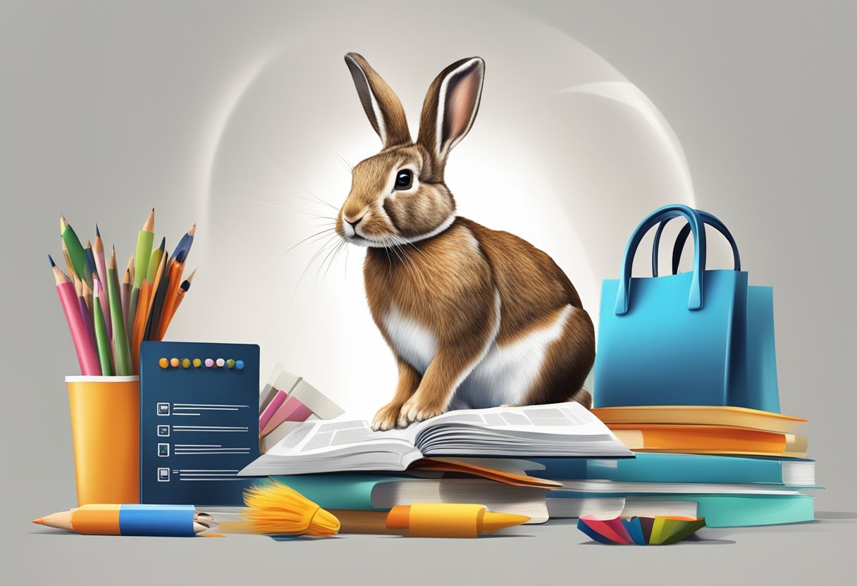 A rabbit surrounded by various marketing and advertising materials, with a spotlight shining on it