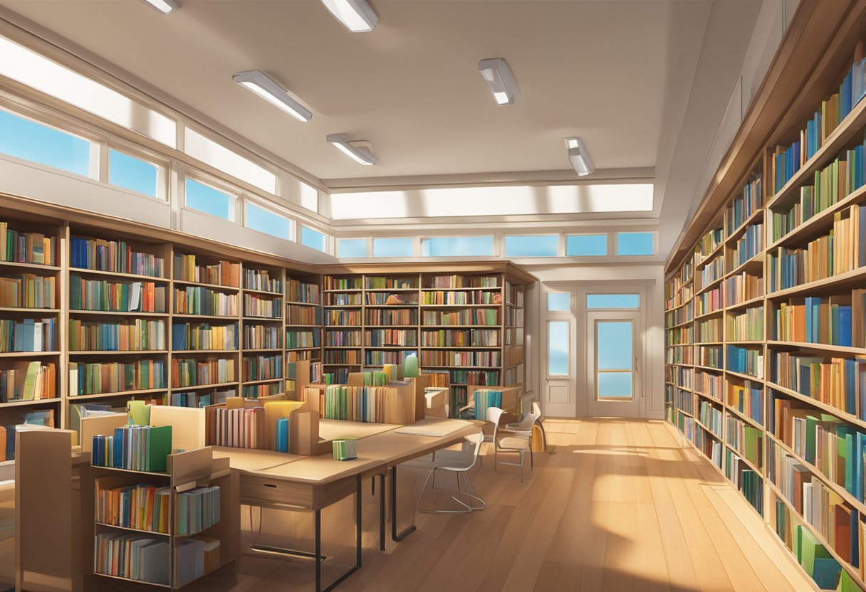 A library filled with shelves of templates, with CopyGenius logo displayed prominently. Bright, natural lighting illuminates the space, creating a warm and inviting atmosphere