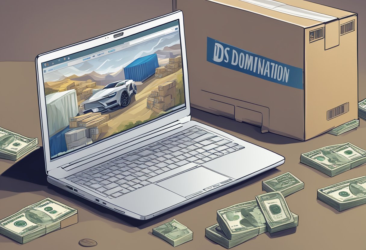 A laptop displaying the Ds Domination website, surrounded by shipping boxes and a stack of money