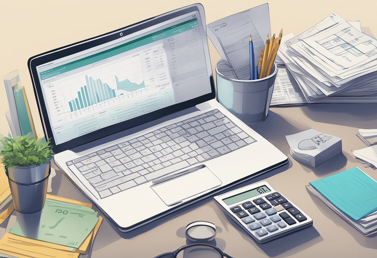 A desk cluttered with financial documents, a computer displaying Ds Domination website, and a calculator with numbers