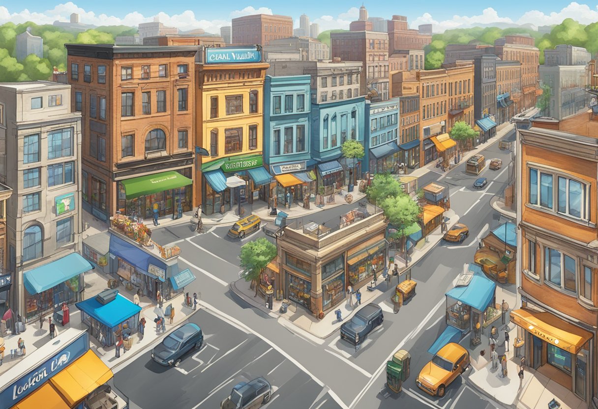 A vibrant cityscape with a prominent "Local Marketing Vault" sign atop a bustling commercial street, surrounded by various businesses and potential clients