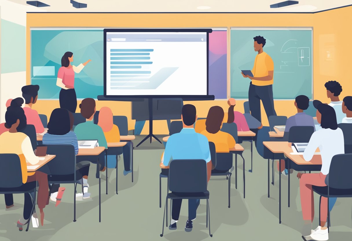 A classroom setting with a projector screen displaying the Fourpercent.Com website. Students are engaged in training programs and courses