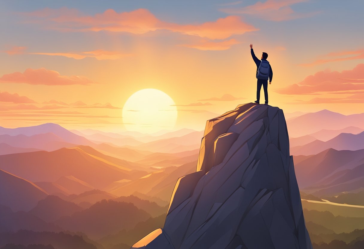 A figure stands atop a mountain peak, arms outstretched, facing the open sky. The sun is setting, casting a warm glow over the landscape