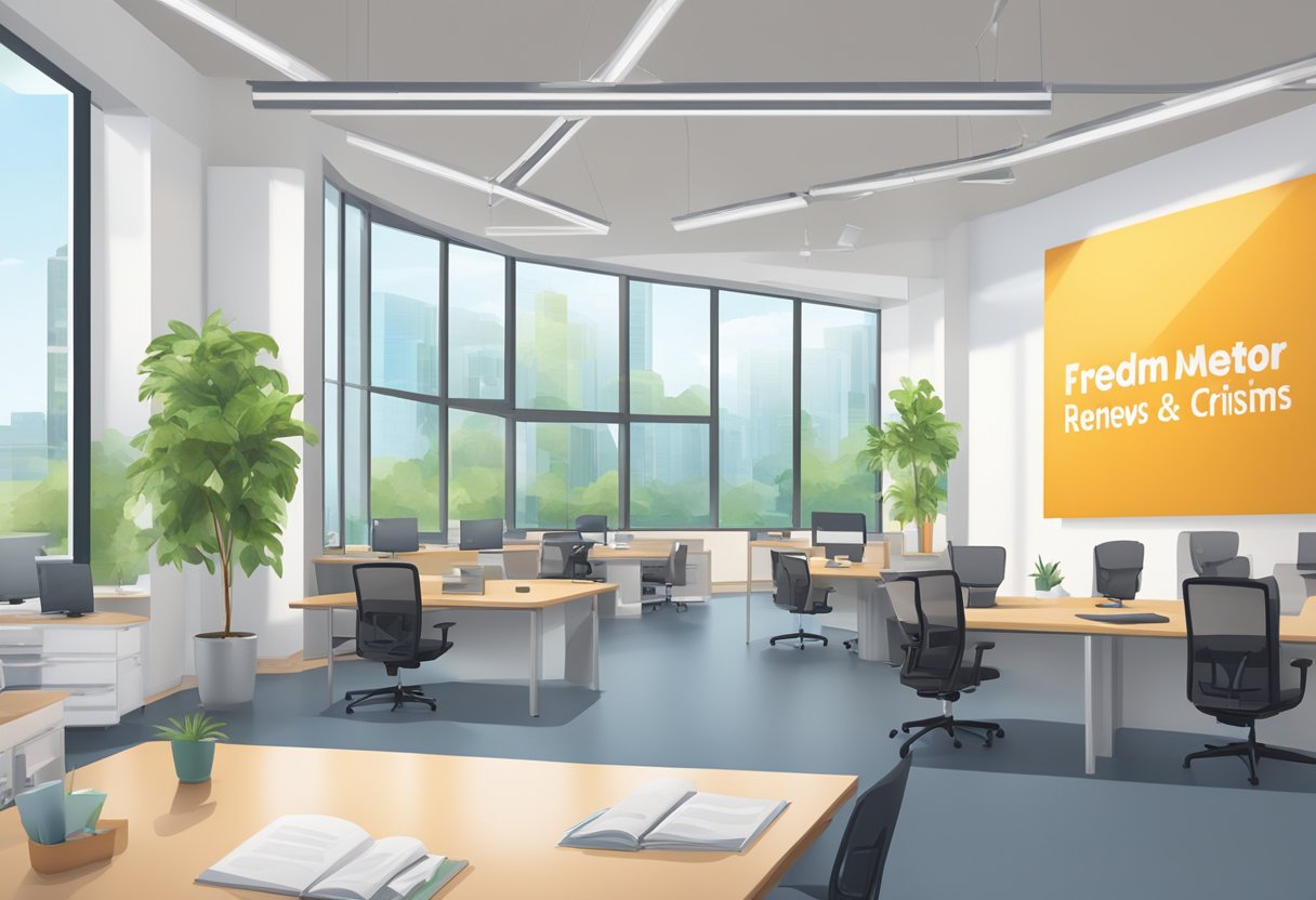 A bright, open office space with modern decor and large windows. A sign reading "Freedom Mentor Reviews and Criticism" hangs on the wall