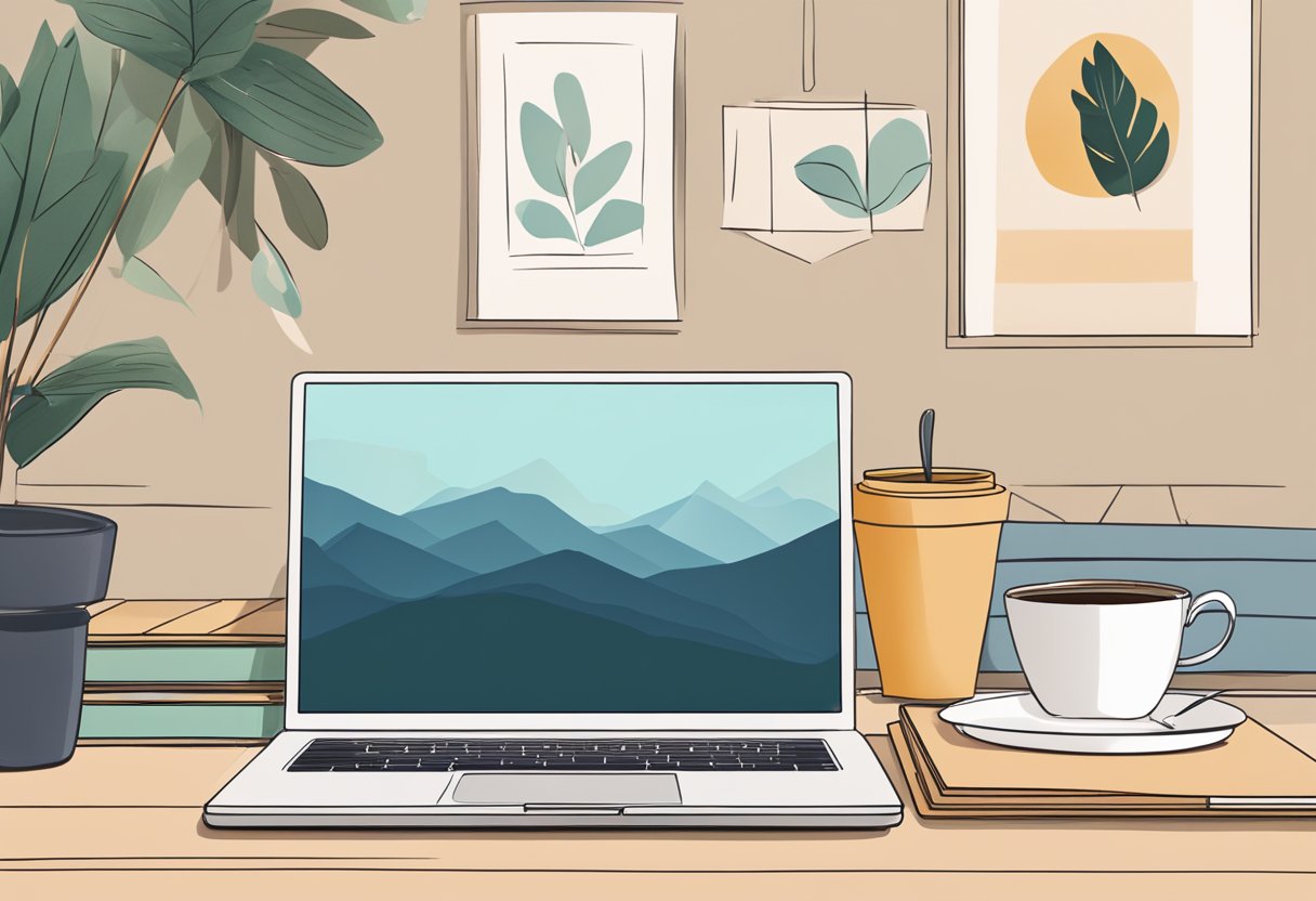 A sleek laptop with the "Karla Marie" profile open on the screen, surrounded by a cozy workspace with a warm cup of coffee and a stack of notebooks