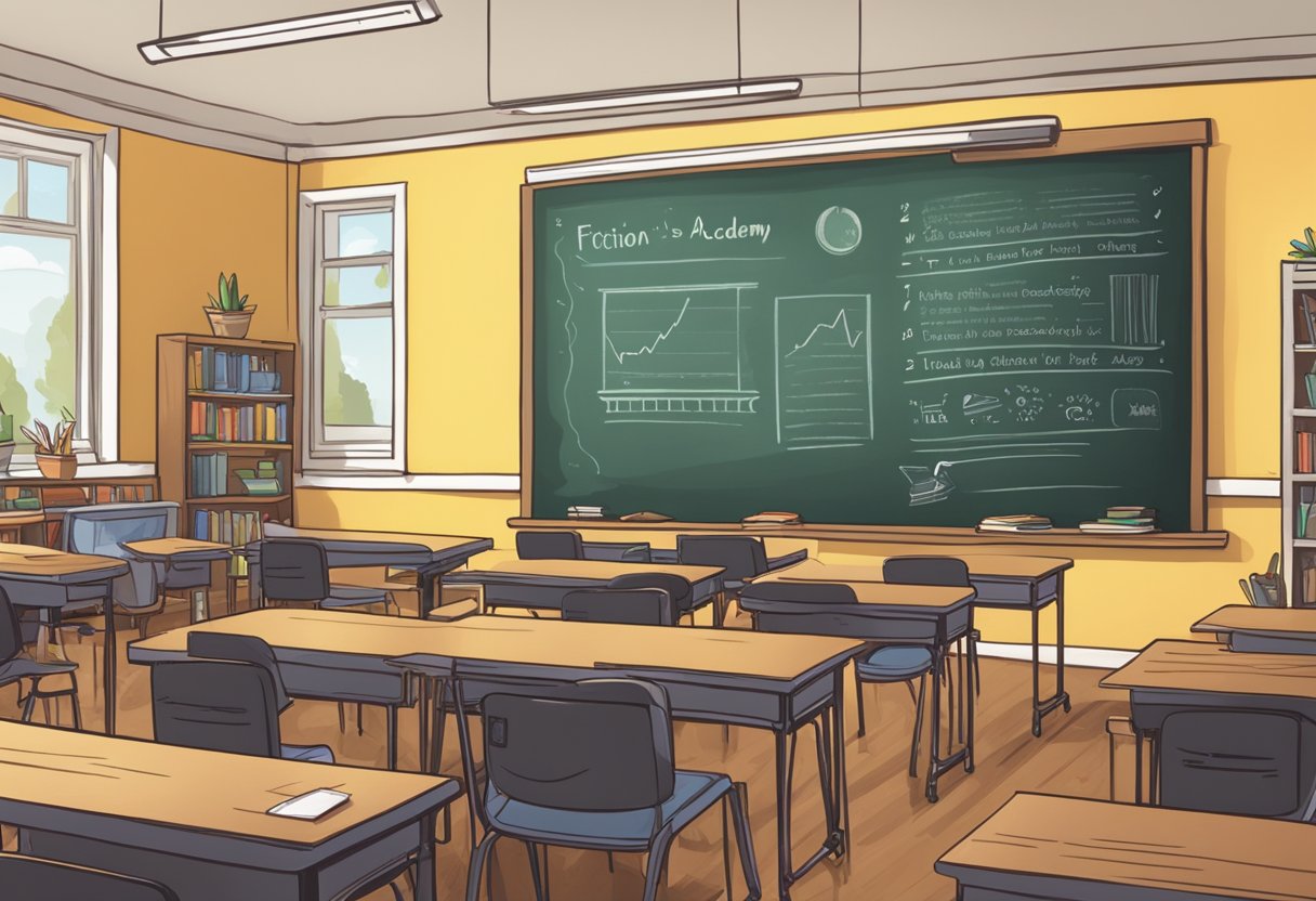 A classroom with a chalkboard, desks, and books. A banner reads "Fiction Profits Academy." A review by Karla Marie is displayed on a screen