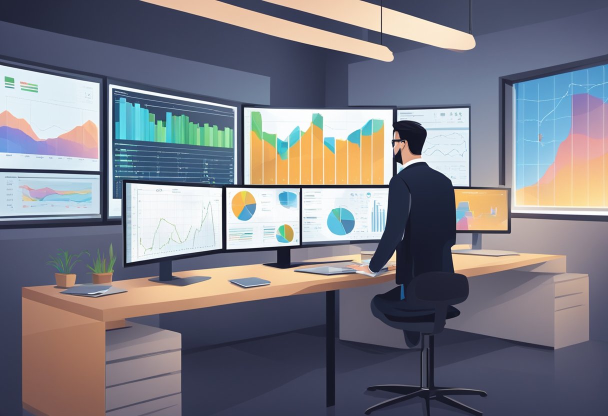 A modern office with computer screens displaying data charts and graphs, while a person in a business suit analyzes the information