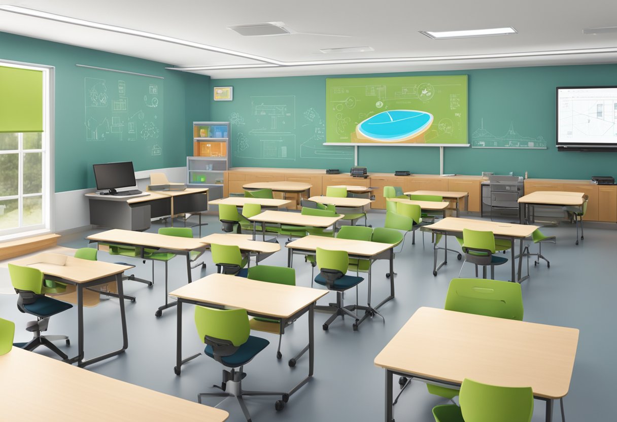 A modern classroom with digital screens, interactive whiteboards, and collaborative workstations. Bright, natural lighting fills the space, creating a welcoming and innovative learning environment