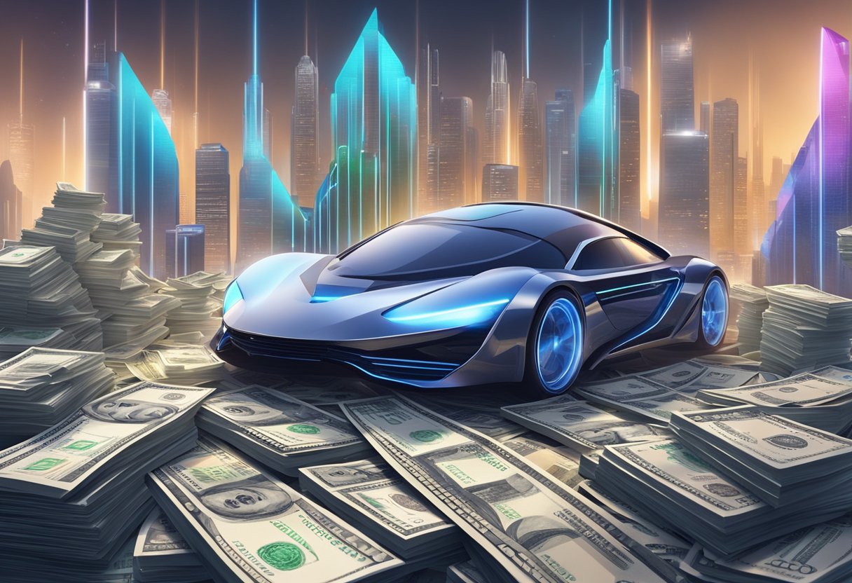 A sleek, futuristic machine hums with power, surrounded by stacks of money and financial charts, emitting an aura of wealth and success