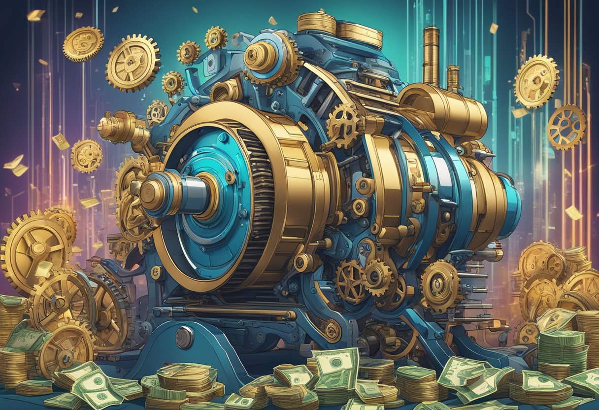 A machine with gears and cogs spinning endlessly, generating income. The engine is surrounded by stacks of money and financial charts