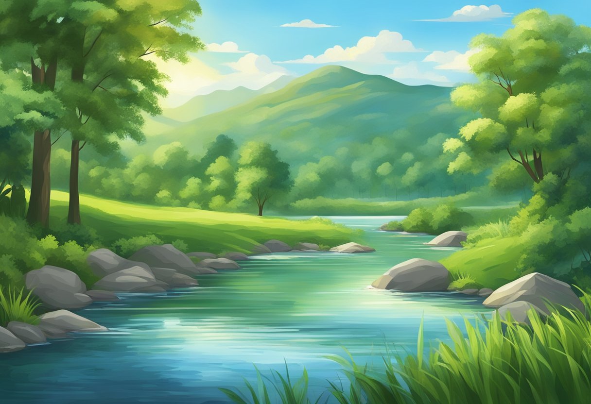 A serene landscape with lush greenery, a clear blue sky, and a tranquil river flowing through, showcasing the beauty of nature and a sense of peace and harmony