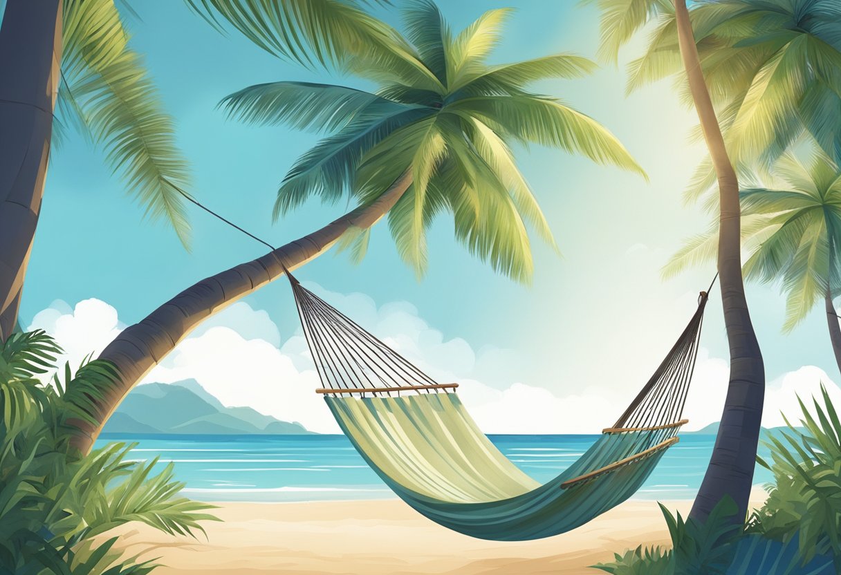 A serene beach scene with a hammock strung between two palm trees, a clear blue sky, and a gentle breeze blowing through the tropical foliage