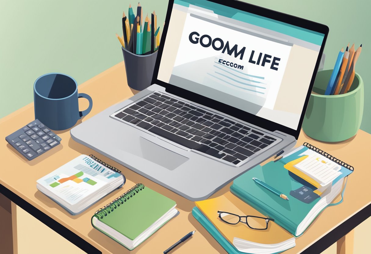 A stack of textbooks and notebooks on a desk, with a laptop open to a website titled "The Ecom Good Life Review" and a pen lying next to it