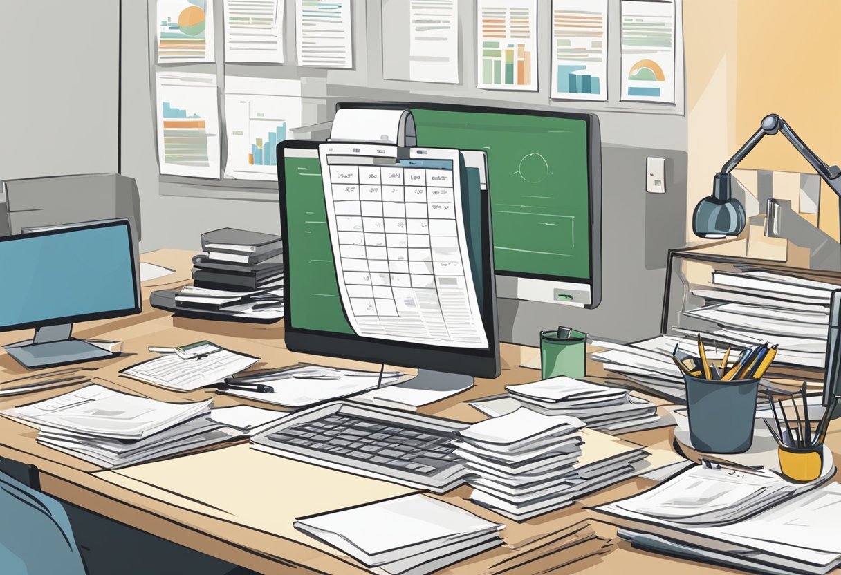 A busy office desk with a computer, papers, and a calendar. A stack of revisions and pricing sheets. A clock showing a tight deadline