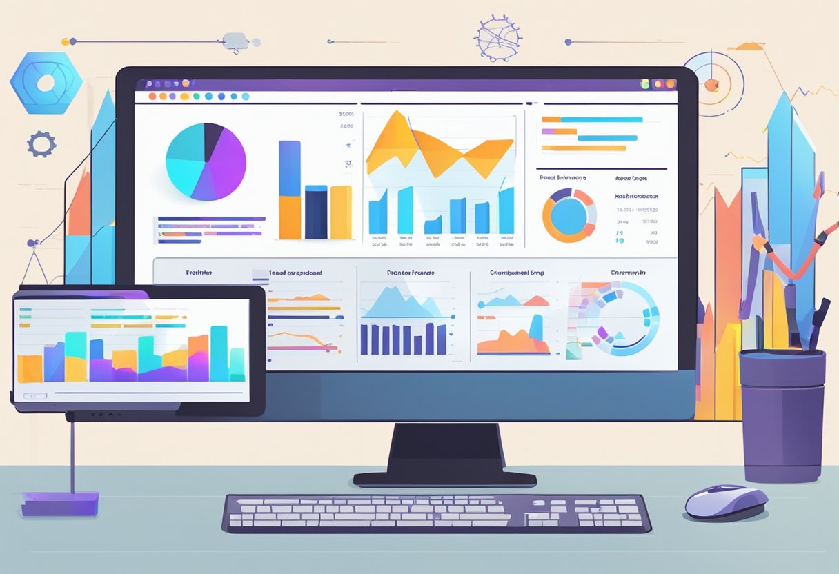 A computer screen displays the Sell The Trend website with various product trend data charts and graphs. A hand reaches for a mouse to click on a specific trend analysis report