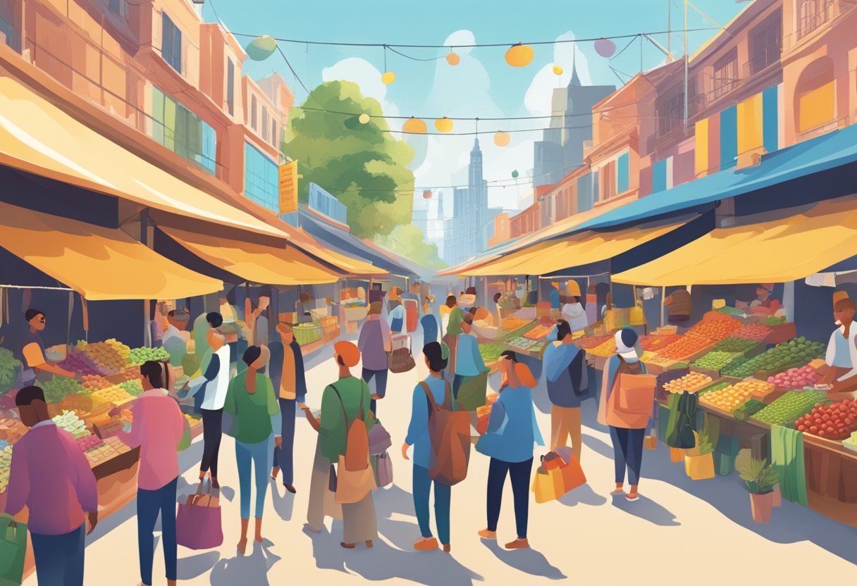 A bustling market with various products on display, people browsing, and sellers engaging in transactions. The scene exudes energy and activity