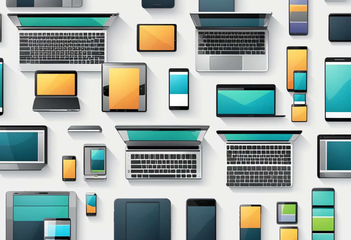 A variety of electronic devices displaying responsive media, including smartphones, tablets, and laptops, arranged in a grid pattern