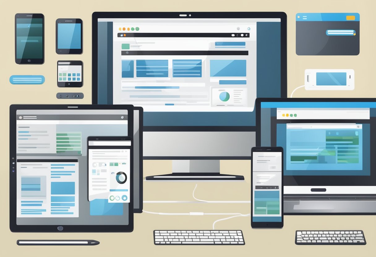 A laptop displaying code on a responsive website, surrounded by various media devices such as tablets and smartphones