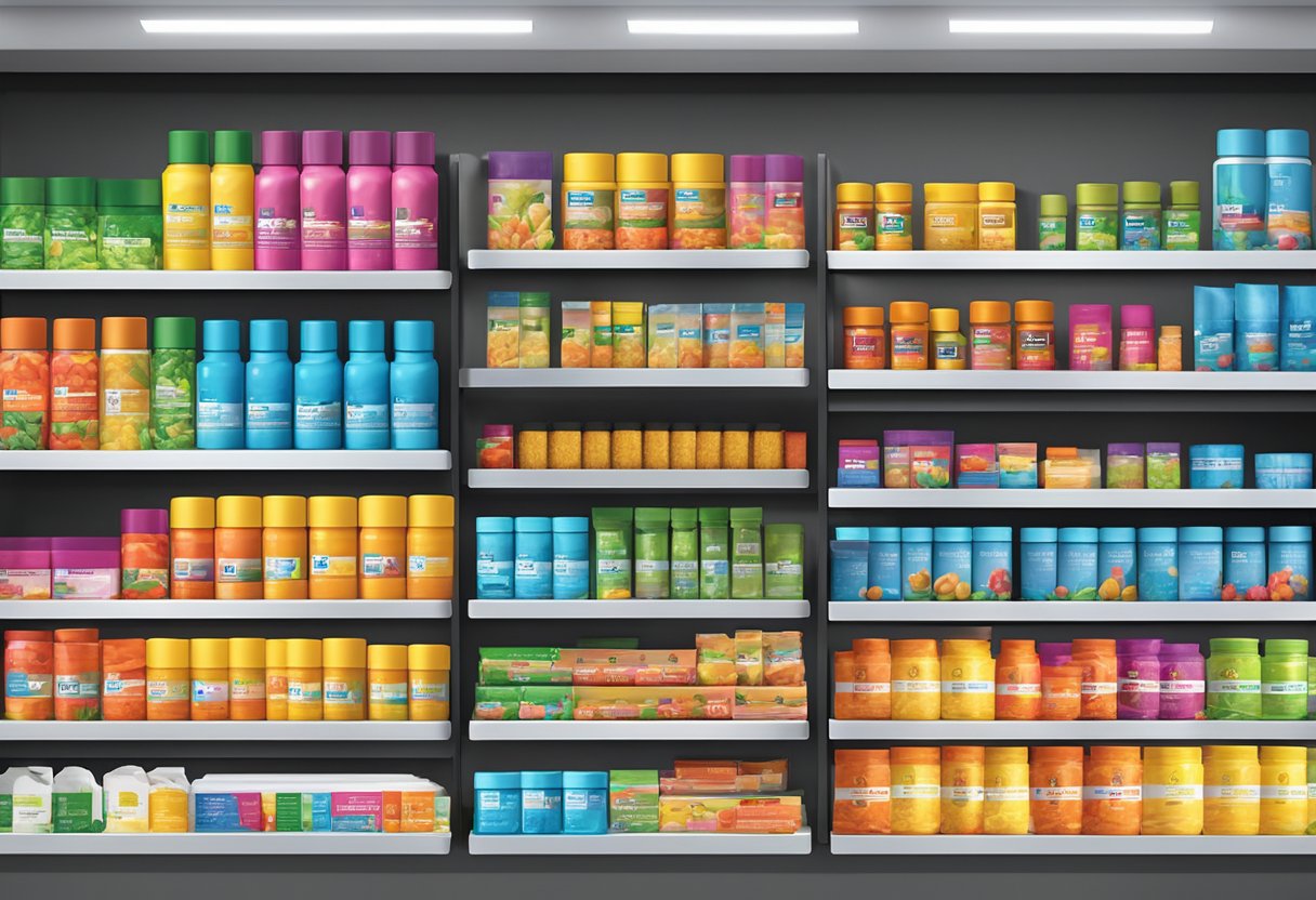 A colorful display of 4Life products and supplements, arranged neatly on shelves with vibrant packaging and clear labels