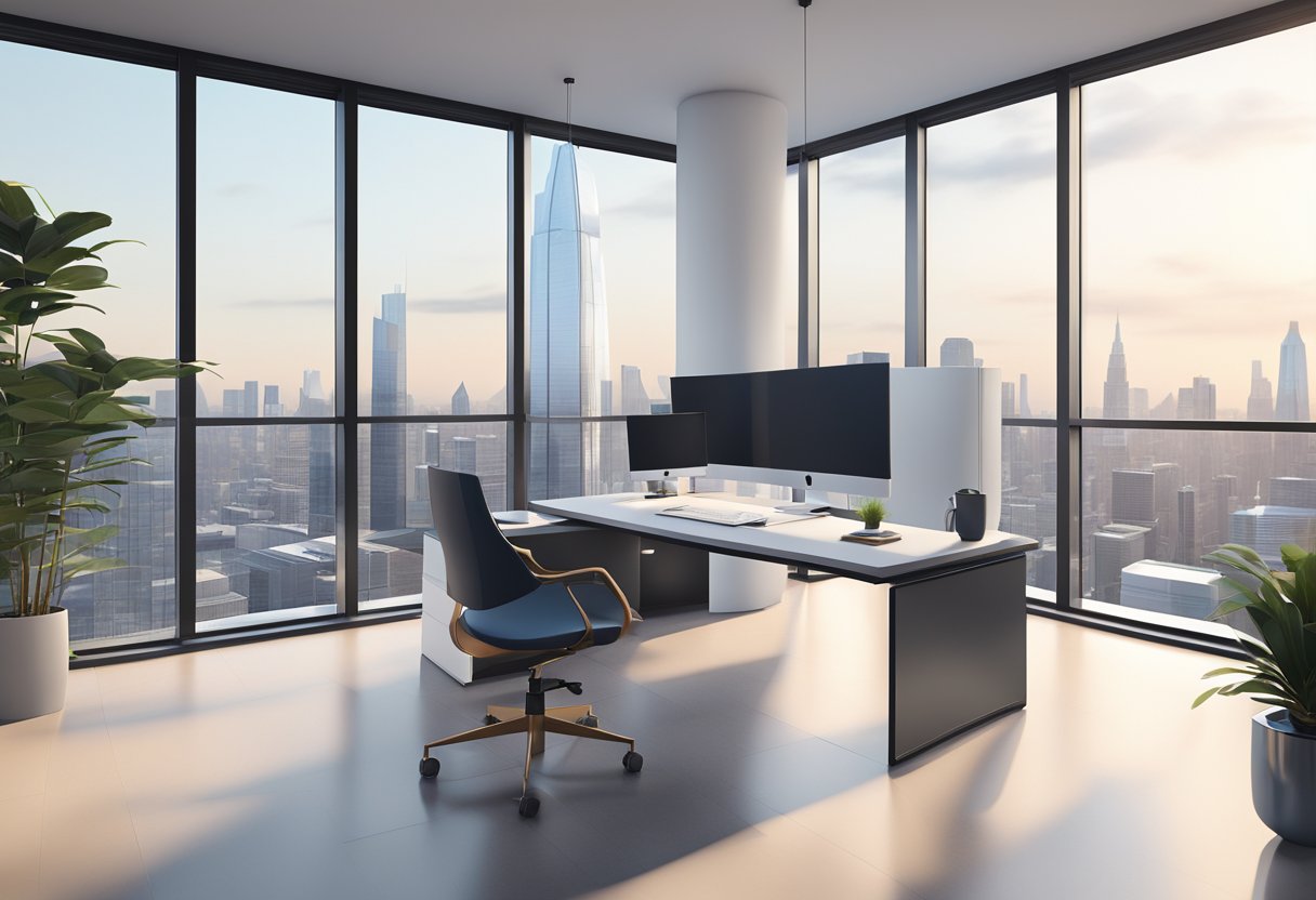 A sleek, minimalist office space with floor-to-ceiling windows, designer furniture, and a panoramic city view. A modern, high-tech vibe with clean lines and luxurious accents