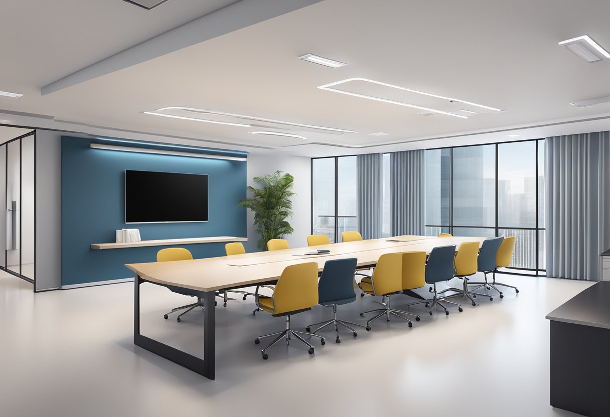 A sleek, modern office space with a large conference table, state-of-the-art technology, and a minimalist design. The room exudes professionalism and success