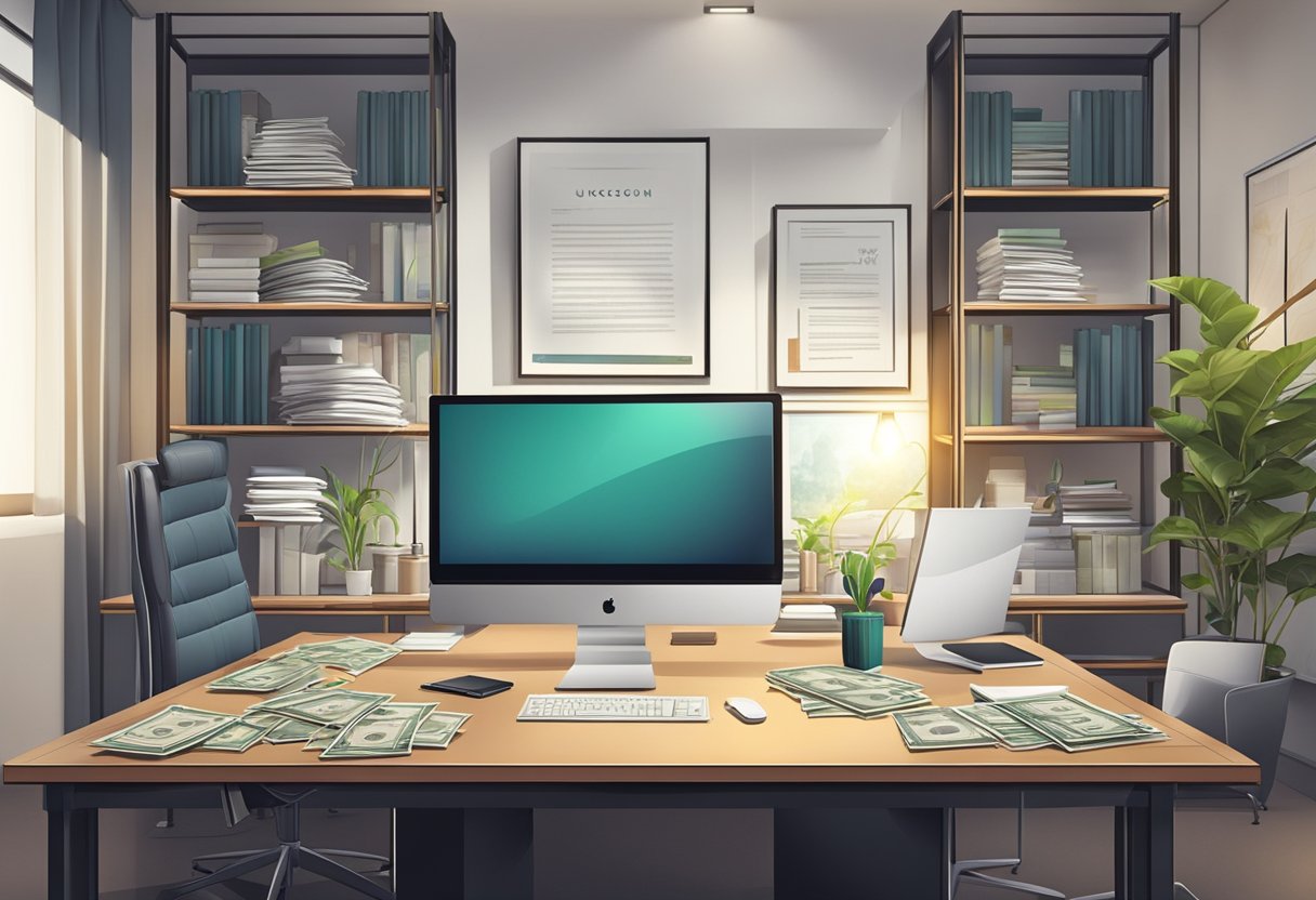 A luxurious office with a sleek, modern design. A large desk with a computer and stacks of money. A wall adorned with framed success stories and testimonials
